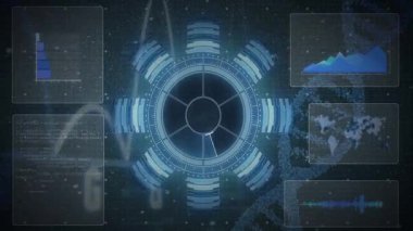 Fütürist grafikleri olan dijital DNA iplikçiklerinin animasyonu ve veri analizi için kodlama. Teknoloji, biyoteknoloji, genetik, yenilik, bilim