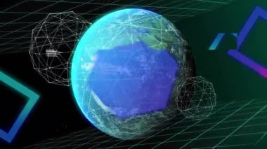 Ağ bağlantıları ve veri işleme animasyonuyla dönen dijital küre. Teknoloji, bağlantı, küresel, ağ, iletişim, fütüristik