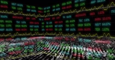Değişen rakamlar ve eğilimler, borsa verileri ve grafik animasyonları gösteriliyor. Maliye, yatırım, analiz, ekonomi, ticaret, dalgalanma