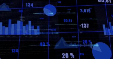 Animasyonlu finansal veriler ve yüzdeler, dijital grafikler ve grafikler gösteriliyor. Finans, analitik, veri görselleştirme, istatistik, yatırım, ekonomi