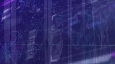 Soyut mavi arkaplan üzerinde dijital veri ve ağ bağlantıları animasyonu. Teknoloji, bağlantı, fütüristik, siber uzay, sanal, yenilik