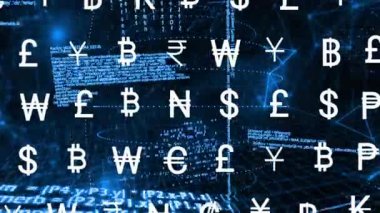 Para birimi sembolleri ve dijital veri arkaplanı üzerinde ikili kod animasyonu. Finans, teknoloji, kripto para birimi, ağ, yenilik, ekonomi