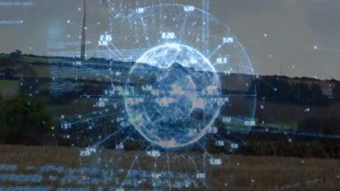 Kırsal alandaki veri göstergelerine sahip dijital kürenin animasyonu. Teknoloji, küreselleşme, yenilik, ağ, bağlantı, gelecek