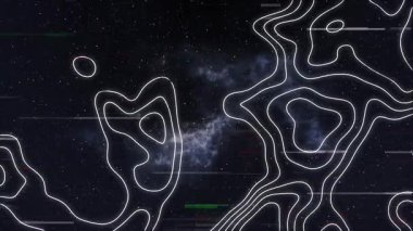 Kozmik arkaplanda mor ve mavi renkli beyaz çizgilerin animasyonu. Soyut, uzay, galaksi, sürrealite, dijital sanat, fütüristik