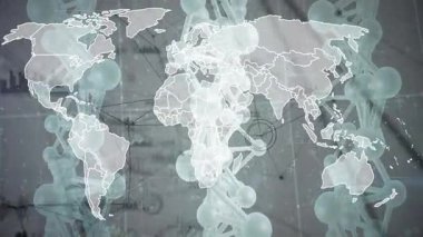 Moleküler yapıları ve okuldaki bilimsel verileri içeren dünya haritasının animasyonu. Bilim, eğitim, teknoloji, araştırma, biyoloji, kimya