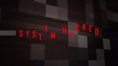 Kalın kırmızı sistem, pikselli şekilli dijital animasyon üzerinden metni hackledi. Siber güvenlik, veri sızıntısı, hackleme, tehdit, uyarı, ağ