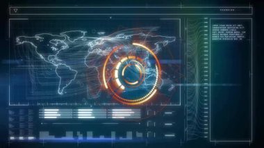 Okuldaki dünya haritası ve verilerle gelecekteki dijital arayüzün animasyonu. Teknoloji, eğitim, yenilik, küresel, öğrenim