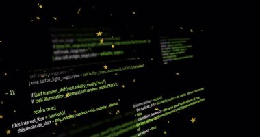 Siyah arka planda yüzen yıldız animasyonu olan yeşil kod çizgileri. Teknoloji, dijital, kodlama, programlama, matris, siber