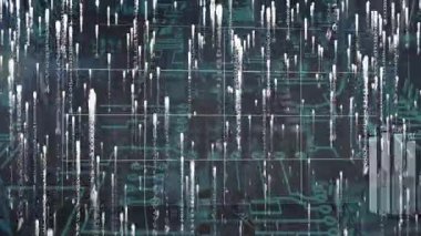 Dijital veriler ve devre desenleri gelecekteki teknoloji animasyonlarında iç içe geçiyor. devreler, yenilik, ağ, bağlantı, tasarım, soyut