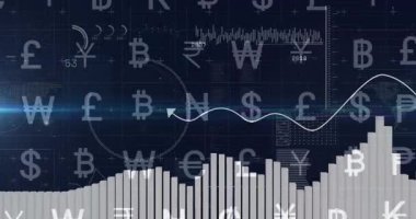 Finansal verilerin dijital arayüzdeki döviz sembolleri ve grafiklerle analiz edilmesi. Finans, analiz, ekonomi, ticaret, yatırım, teknoloji