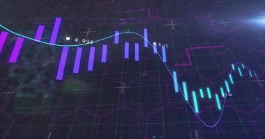 Parlak çubuklu dijital grafik animasyonu ve karanlık şebekedeki dalgalanan veriler. analitik, teknoloji, finans, iş, fütüristik, büyüme