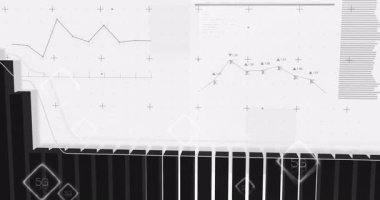 Finansal grafikler ve veriler soyut arka planda siyah beyaz olarak işleniyor. Maliye, veri analizi, istatistik, işletme, ekonomi, analitik