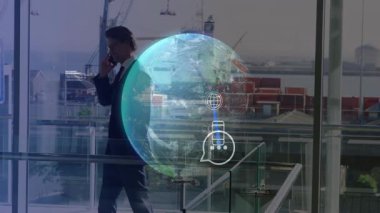 Telefonda konuşan, şehir manzarasını kaplayan dijital dünya animasyonlu bir iş adamı. technology, urban, innovation, communication, network, futuristic