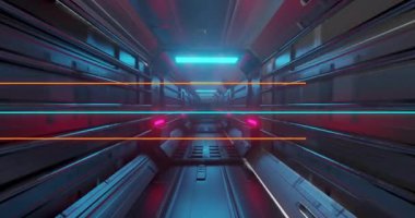 Neon ışıkları, canlandırmada yansıtıcı metalik yüzeyleri olan fütürist koridorları aydınlatıyor. Siberpunk, teknoloji, yapay zeka, dijital, bilim kurgu, aydınlatma