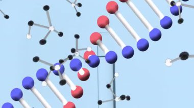 Açık mavi arkaplan üzerinde DNA iplikçikleri ve moleküler yapıların yüzen animasyonu. Genetik, biyoteknoloji, bilim, biyoloji, sarmal, laboratuvar