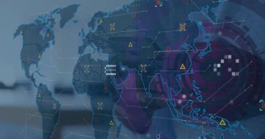 Veri sembolleri ve ağ bağlantılarıyla dijital dünya haritasının animasyonu. technology, global, data görselleştirme, communication, siberspace, futuristic