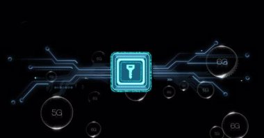 Dijital anahtar sembolü ve geleceksel animasyon tasarımı ile 6G ağ bağlantıları. Teknoloji, bağlantı, yenilik, iletişim, kablosuz