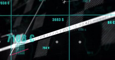 Para birimi sembolleri ve sayılarıyla finansal animasyon, bar ve çizgi grafikleri gösteriliyor. Maliye, ekonomi, analitik, istatistik, işletme, grafik