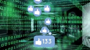 Dijital ağ ortamında başparmak kaldırma simgeleri ve ikili kod animasyonu. Teknoloji, ağ, veri, iletişim, bağlantı, internet