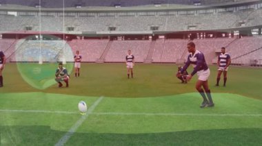 Sahada, rugby oyuncuları dünya sahnesinin animasyonuyla hareket halindeler. Spor, takım çalışması, rekabet, sporcular, küresel, enerji