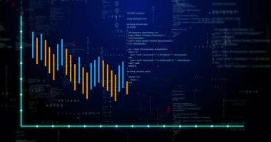 Dijital kod üzerinde dalgalanan verilerle animasyon, çubuk ve çizgi grafikleri gösteriliyor. Grafikler, veri analizi, teknoloji, istatistik, bilgi, kodlama