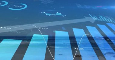 Serin okyanus manzarası üzerinde haritalarla finansal veri animasyonunu görselleştirmek. Finans, analitik, dijital, sükunet, teknoloji