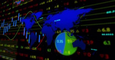 Dijital ekranda dünya haritasının ve finansal grafiklerin animasyonu gösteriliyor. Finans, teknoloji, küresel, analitik, veri, yenilik