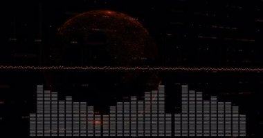 Parlayan gezegen ve animasyondaki veri noktalarıyla dijital ses dalgası görselleştiriliyor. Teknoloji, fütüristik, yenilik, tasarım, elektronik, siber