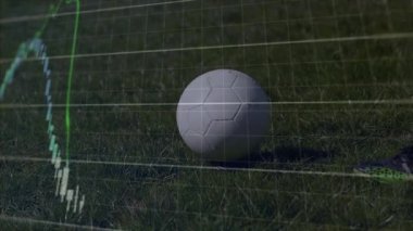 Çimenler üzerinde, finansal veri tablosu animasyonu olan bir futbolcu sahne hazırlıyor. Spor, finans, atlet, istatistik, teknoloji, dijital
