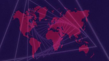 Dairesel veri noktaları ve animasyon tarzında ağ çizgileri olan kırmızı dünya haritası. Global, teknoloji, bağlantı, dijital, iletişim, tasarım