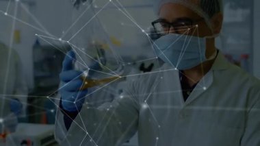 Matarayı inceliyoruz, bilim adamı ağ bağlantılarıyla veri işleme analizi yapıyor. Laboratuvar, teknoloji, yenilik, araştırma, analiz, bilim