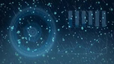 Yuvarlak şekilli dijital arayüz ve düşen yağmur animasyonu altındaki çubuk grafikler. Teknoloji, yenilik, veri, analitik, fütüristik, görselleştirme