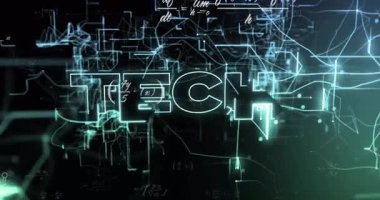 Fütürist dijital devre ve veri kalıpları üzerinde parıldayan TECH animasyonu. Teknoloji, yenilik, siber ağ, bağlantı, yüksek teknoloji