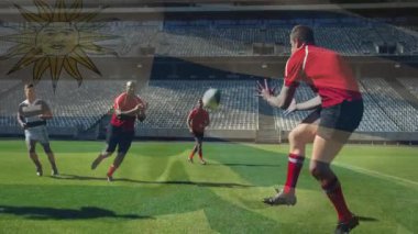 Rugby oyuncuları bayrak animasyonlarıyla sahada iş başında. Spor, takım çalışması, yarışma, atlet, şampiyonluk, oyun