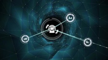 Geometrik arkaplan ve dijital konsept üzerinden ağ animasyonunda veri işleniyor. Teknoloji, fütüristik, bağlantı, soyut