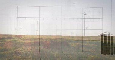 Kırsal alanda rüzgar türbinleri üzerinde çubuk grafik ve veri haritası animasyonu. Yenilenebilir, enerji, sürdürülebilir teknoloji, çevre dostu, çevre