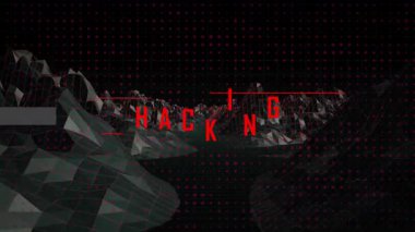 Dijital şebeke üzerinden metin ve nokta desenli arkaplan üzerinden animasyon hackleme. Siber güvenlik, şifreleme, teknoloji, ağ, siber saldırı, veri