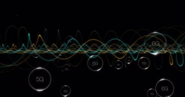 5G ve 6G yazılı renkli dalga desenleri siyah arkaplanda animasyon yaratıyor. Teknoloji, dijital, kablosuz, yenilik, iletişim, ağ