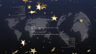 Dijital veri ve karanlık arka planda altın yıldızlı dünya haritasının animasyonu. Global, teknoloji, ağ, bağlantı, fütüristik, yenilik
