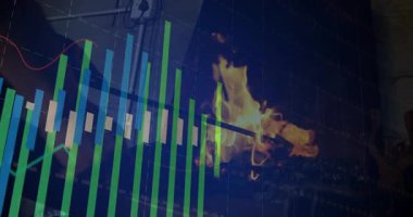 Alevlerin animasyonu dinamik okul veri görselleştirmesindeki finansal grafiklerle birleşiyor. Finans, analitik, eğitim, yatırım, büyüme, eğilimler