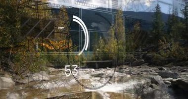 Doğadaki ağaçlar ve dağlarla manzaralı nehir manzarasını kaplayan animasyon. Güzel, sakin, çevre, açık hava, manzara