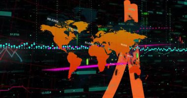 Okulda, dünya haritasını finansal veriler ve grafiklerle gösteren animasyonlar. Finans, teknoloji, analitik, küresel, ekonomi, eğitim