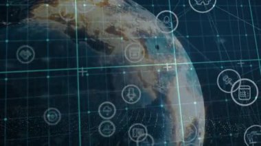 Ağ konsepti için Dünya 'yı çevreleyen dijital simgelerin ve verilerin animasyonu. Küresel, bağlantı, teknoloji, iletişim, siber alan, yenilik