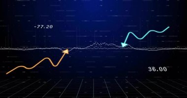 Karanlık şebeke arka planında veri noktaları olan renkli finansal grafik çizgilerinin animasyonu. Maliye, analitik, istatistik, ekonomi, yatırım, pazar