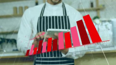 Önlüklü barista kırmızı çizgi animasyon kaplamalı tablet kullanıyor. technology, cafe, analytics, digital, business, data