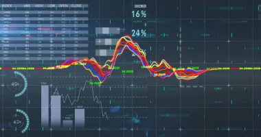 Dünya haritası istatistiklerindeki renkli finansal grafiklerin ve veri grafiklerinin animasyonu. Maliye, analitik, küresel, eğilimler, ekonomi, görselleştirme