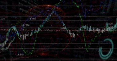 Borsa verileri ve dijital dünya haritası animasyonu üzerinde dalgalanan grafikler. Maliye, yatırım, veri analizi, ekonomi, ticaret, dalgalanma
