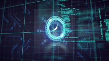 Mavi devre desenli dairesel ilerleme göstergesinin dijital animasyonu. Teknoloji, arayüz, fütüristik, yenilik, elektronik, bilgisayar