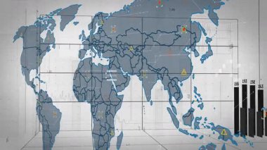Küresel istatistikler, veri tabloları ve grafiklerle dünya haritasının animasyonu. analitik, bilgi, görselleştirme, teknoloji, araştırma, eğilimler