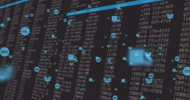 Dijital veri akışında mavi satış simgeleri ve hata mesajlarıyla animasyon. teknoloji, pazarlama, ekommerce, arıza